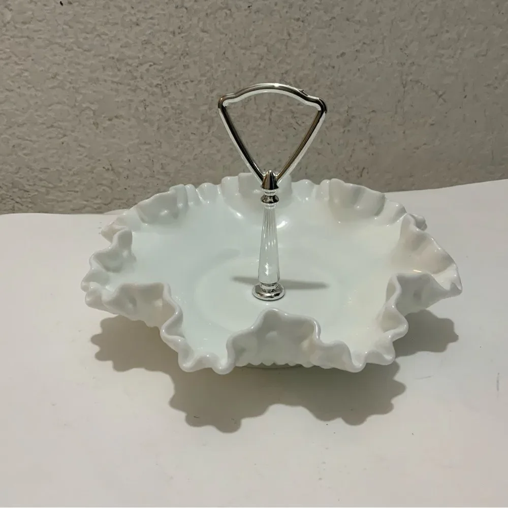 Fenton Vintage White Hobnail Ruffled Edge Milk Glass Candy Dish w/Silver Handle